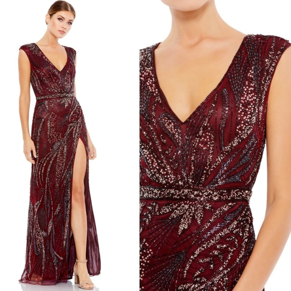NEW $798 MAC DUGGAL 5227 BURGUNDY BEADED CAP SLEEVE EVENING GOWN WITH SLIT